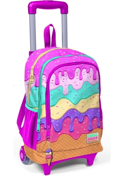 High Işıklı Tekerlekli Dondurma Çekçek Okul ve Seyahat Çantası Kız Çocuk Rengarenk