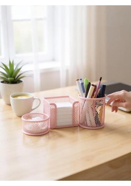 Masaüstü Perfore 3'lü Toz Pembe Kalemlik Seti ND-1001