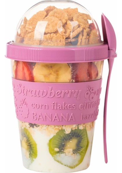 Take And Go Kaşıklı Hazneli Meyveli Yoğurt Kabı Piknik Iş Atıştırmalık Diyet Müsli Granola Süt Bardağı (Pembe)