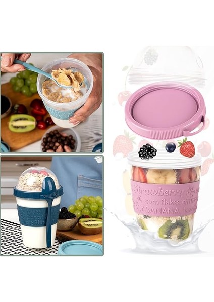 Take And Go Kaşıklı Hazneli Meyveli Yoğurt Kabı Piknik Iş Atıştırmalık Diyet Müsli Granola Süt Bardağı (Pembe) fırsatları