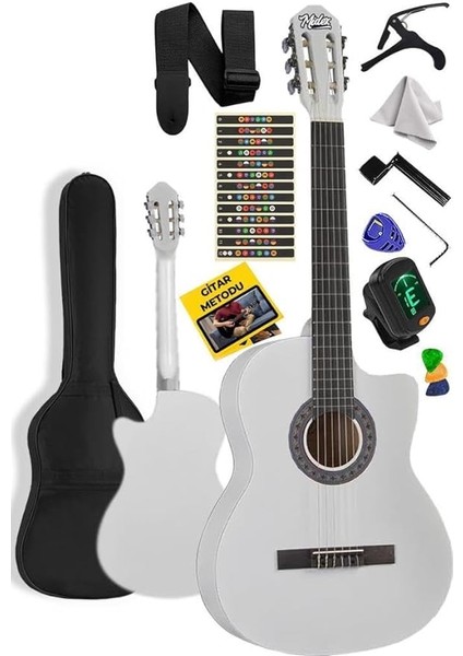 CG-395WH Beyaz Renk Kesik Klasik Gitar 4/4 Yetişkin Boy Sap Ayarlı Full Set