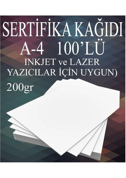 Sertifika Kağıdı Kalın 100 Adet Gramajlı Fotokopi Kağıdı 200 gr Tüm Yazıcılara Uyumlu 21X29.7 cm Kalın Baskı Kağıdı