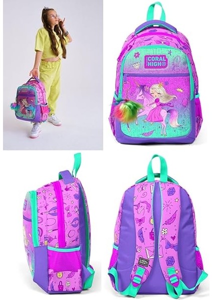 High Üç Gözlü Kız Çocuk Ilk ve Orta Okul Çantası - Pembe Yeşil Unicorn ve Prenses modelleri