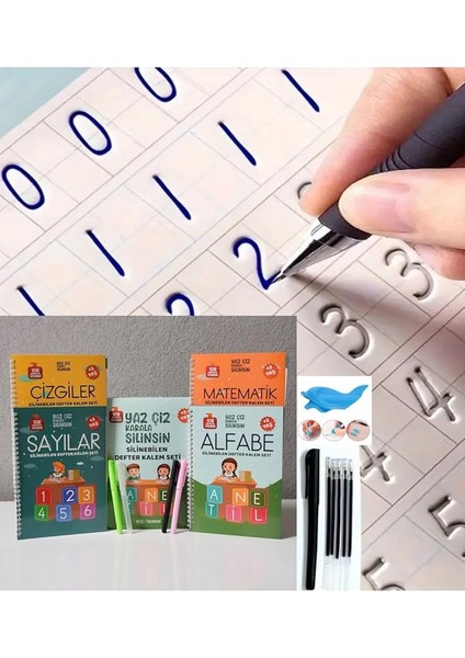 Store Sihirli Yazı Seti Silinebilir Kelemli Kabartmalı Defter Yazma Öğretici 4 Kitap+1 Kalem+5 Yedek Uç, Çok Renkli