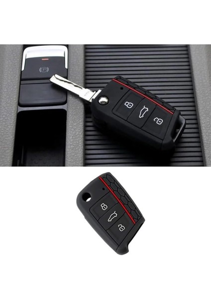 T-Roc ile Uyumlu Siyah Kırmızı Çizgili Silikon Anahtar Kabı Kılıfı