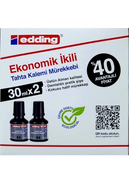 Bt 30 Beyaz Yazı Tahtası Kalemi Yedek Mürekkep 2'li Kutu, Siyah