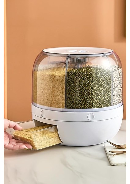 Kuru Gıda ve Bakliyat Organizeri 360 Derece Dönebilen 6 Bölmeli Hava Geçirmez Saklama Kutusu 6 Litre