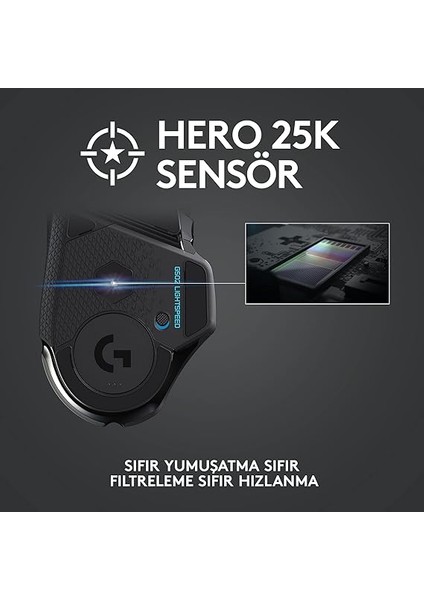 G G502 Lıghtspeed Kablosuz Oyuncu Mouse, Hero Sensör, 25.600 Dpı, 400 IPS Izleme Hızı, 1 Ms Bildirim Hızı, 114 gr Ağırlık, Siyah modelleri