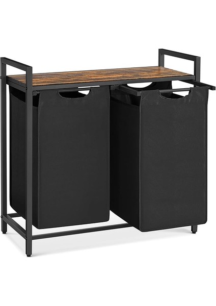 2 Bölmeli Çamaşır Sepeti, Raflı Çamaşır Sepeti, Çamaşır Kutusu, Çıkarılabilir Oxford Kumaş, Metal Çerçeve, Kahverengi/siyah