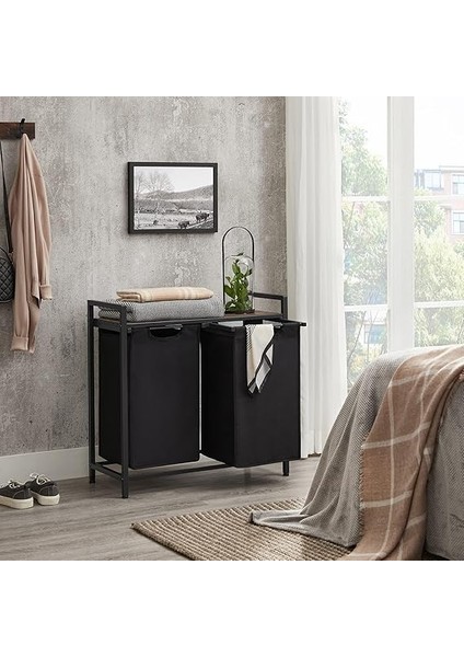 2 Bölmeli Çamaşır Sepeti, Raflı Çamaşır Sepeti, Çamaşır Kutusu, Çıkarılabilir Oxford Kumaş, Metal Çerçeve, Kahverengi/siyah modelleri