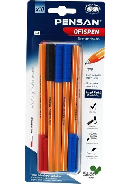 1010 Ofispen Tükenmez Kalem 1 mm Mavi-Siyah-Kırmızı (10 Lu Set) PE01010TKKRMT10 Tek Ebat Karışık