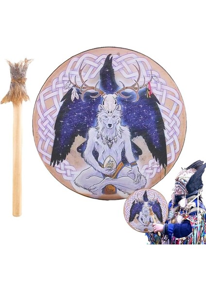 Davul, Yetişkinler Için Şaman Davul, 9 Inç Sound Healer Enstrümantal Şaman Davul – Manevi Müzik Için Kurt Kafası Tasarımlı El Tamburu, Refleks Meditasyonu