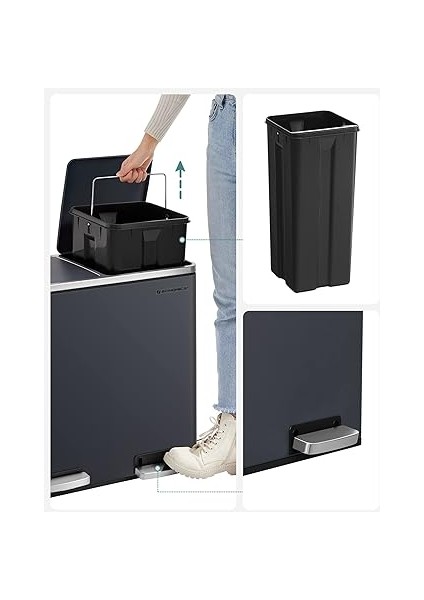 LTB48GS Mutfak Için 2 Bölmeli Pedallı Çöp Kutusu 2 x 24L Yumuşak Kapanış Plastik Iç Kovalı Çöp Kutusu, Ayak Pedallı ve Taşıma Saplı fırsatları