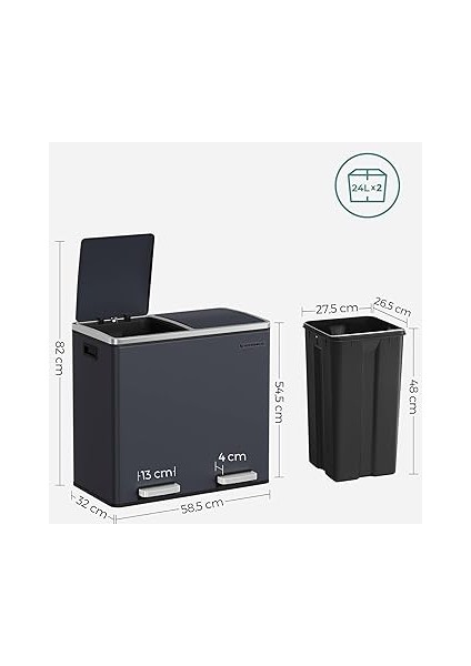 LTB48GS Mutfak Için 2 Bölmeli Pedallı Çöp Kutusu 2 x 24L Yumuşak Kapanış Plastik Iç Kovalı Çöp Kutusu, Ayak Pedallı ve Taşıma Saplı indirimleri