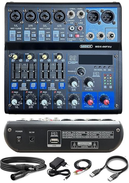 MDX-06FXU Ses Mikseri Stüdyo Kayıt Için 6 Kanal Ses Kartlı 99 Dsp Efektli (+48V-USB-BLUETOOTH)