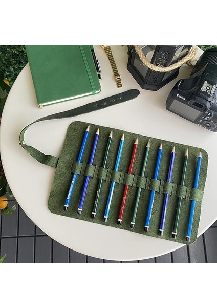 Helsinki - Hakiki Deri Natürel Geniş Tasarım Rulo Kalemlik (Yeşil)