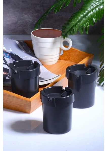 Diyarı Plastik 3 Adet Koku Yapmaz Çakmaklık Hazneli Siyah Küllük Kül Tablası Kül Tabağı Siyah