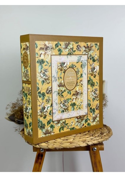 10X15CM 500 Fotoğraf Kapasiteli Kutulu Çiçek Desenli Lüks Ofset Fotoğraf Albümü (Sarı)