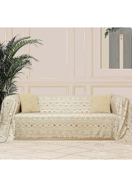 Concept Softmicro Boho Etnik Desenli Mikrofiber Koltuk Örtüsü ve Şalı, Kaymaz Bej 180X300 cm