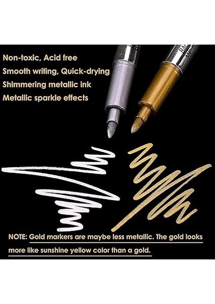 Metalik Boya Markör Kalemleri, 6 Adet Boyama Kalemi, Su Geçirmez ve Hızlı Kuruyan Metalik Kalıcı Işaretleyiciler, Scrapbooking, Kumaş, Dıy Fotoğraf Albümü, Altın ve Gümüş Için modelleri