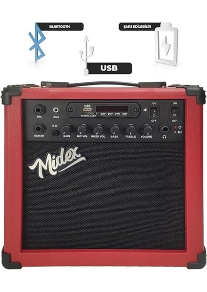 MGA-25RD Elektro Gitar Amfisi 25 Watt USB Bluetooth Şarjlı 2 Girişli fiyatları