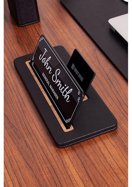 Office Deri Masa Isimliği Siyah Ahşap Detaylı - Isimlik ve Kartvizitlik