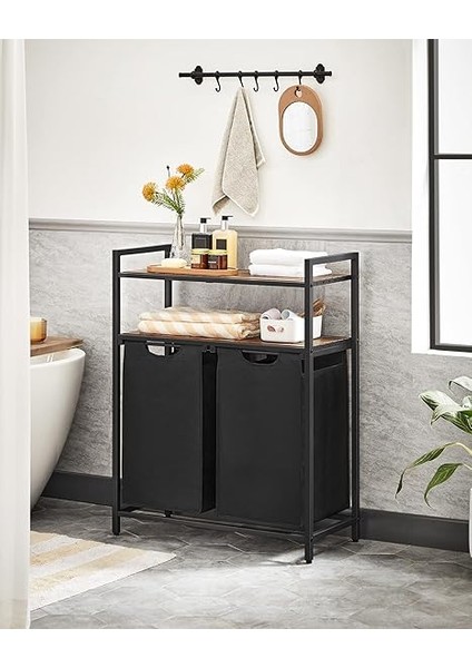 Çamaşır Sepeti, Çamaşır Kutusu, 2 Bölme, 2 Raf, Metal Çerçeve, 2 x 46 Litre, 73 x 33 x 91 Cm, Vintage Kahverengi-Siyah BLH211B01 modelleri