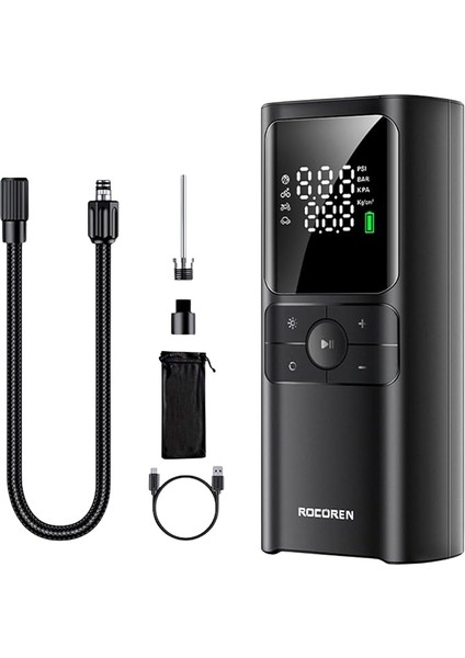 150PSI 4000MAH Şarjlı Taşınabilir Hava Pompası Araç Lastik, Bisiklet, Top Şişirme (Powerbank+Led Lamba+Lcd Ekran)