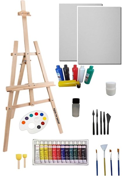 Doğal Seramik Hamuru Resim Başlangıç Seti 2-Şövale (Şövalye), Tuval (Tual Seti), Ressam Akrilik Yağlı Boya Resim Seti