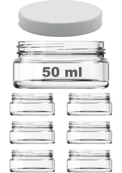 50 ml Şeffaf Krem Cam Kavanoz Plastik Beyaz Kapaklı 6 Adet (50 cc (Krem))