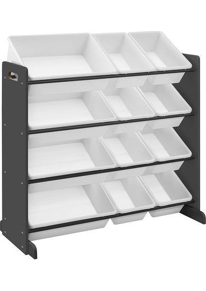Çocuk Odası Rafı, Oyuncak Düzenleyici, Çocuklar Için Ayakta Raf, Pp Plastikten Yapılmış 12 Saklama Kutusu, Çocuk Odası, Okul, Kreş, 86 x 26.5 x 78 Cm, Koyu Gri-Beyaz GKR04GY