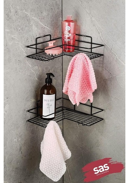 Haus Yapışkanlı Ömür Boyu Paslanmaz Banyo Köşeliği Rafı Banyo Düzenleyici Şampuanlık Raf Siyah