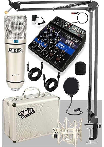 Cx1 Mixer Set Condenser Mikrofon Ses Kartlı Mikser + Stand + Filtre