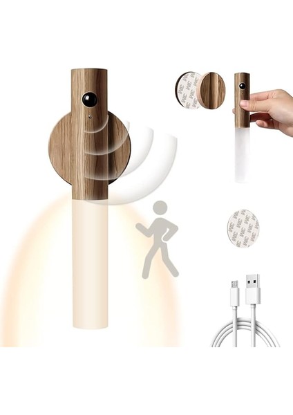 USB ile Şarj Edilebilir Duvar Lambası, Ahşap, Iç Mekan, Hareket Sensörlü, Indüksiyonlu, Pilli LED Duvar Lambası, Sıcak Beyaz, Manyetik Yatak Lambası, Oturma Odası, Yatak Odası, Merdiven