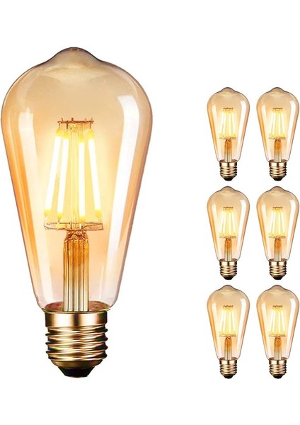 Edison Vintage LED Ampul E27 (4W/220V) 2600-2700 K Retro Antik, Kehribar Sıcak, 6'lı Paket