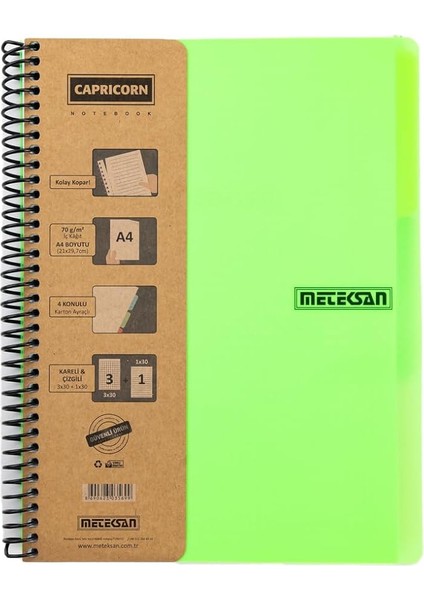 Capricorn Neon Serisi, A4, 6 Konulu (3 Kareli, 3 Çizgili) 180 Yaprak Pp Kapaklı Spiralli Defter, Yeşil