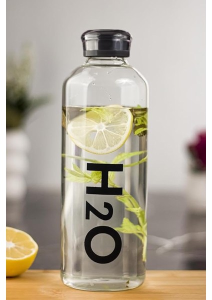 H2O Borosilikat Cam Matara Vakum Kapaklı Su Şişesi Suluk Siyah 1000 ml