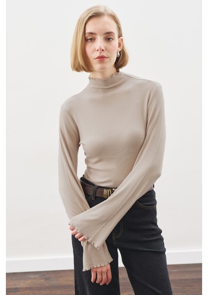 Balıkçı Yaka Bluz Vizon