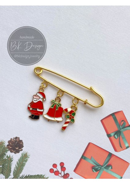 Noel Yeni Yıl Yılbaşı Temalı Broş Yaka Iğnesi Iskoç Iğnesi Noel Baba ve Baston Şeker Detaylı