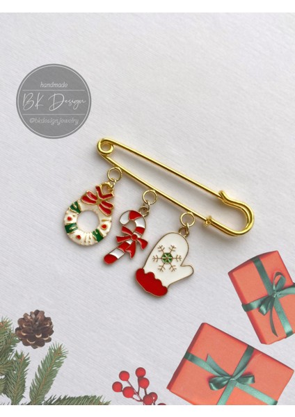 Noel Yeni Yıl Yılbaşı Temalı Broş Yaka Iğnesi Iskoç Iğnesi Baston Şeker Detaylı