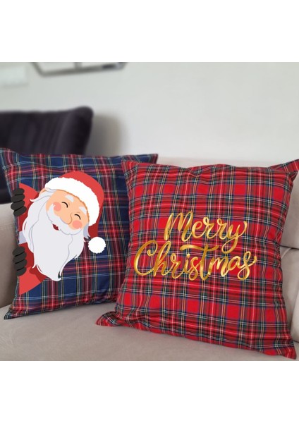 Eko Desenli Mavi ve Kırmızı Yılbaşı Kırlent Kılıfı, 2'li Set, Şık ve Renkli Dekor