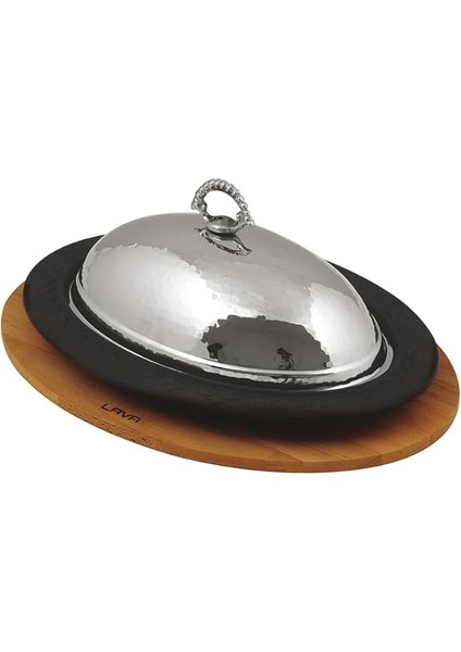 Oval Servis Tepsisi, Dökme Demirden, Kapaklı ve Ahşap Kaplamalı, 32 x 23 cm