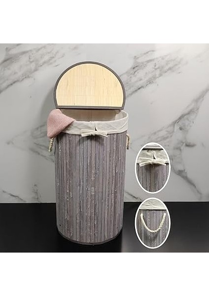 El Yapımı Hasır Katlanır Çamaşır Sepeti Yuvarlak 55 Litre (35CM*35CM*61CM), Doğal Malzemeden Üretilmiş Çamaşırlık (Gri) fiyatları