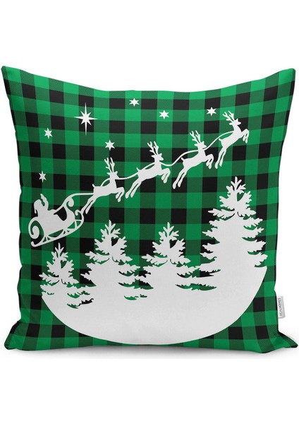 Renkli Yeşil Ekose Noel Baba ve Geyikleri Modern Yastık Kılıfı