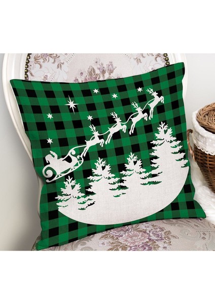 Renkli Yeşil Ekose Noel Baba ve Geyikleri Modern Yastık Kılıfı fiyatları
