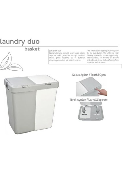 80 Litre Dokunmatik Çamaşır Sepeti - Iki Bölmeli Dekoratif Çamaşır Sepeti - Gri Beyaz - 55X35X58.5 cm modelleri