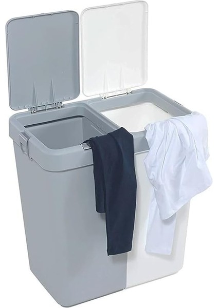 80 Litre Dokunmatik Çamaşır Sepeti - Iki Bölmeli Dekoratif Çamaşır Sepeti - Gri Beyaz - 55X35X58.5 cm indirimleri