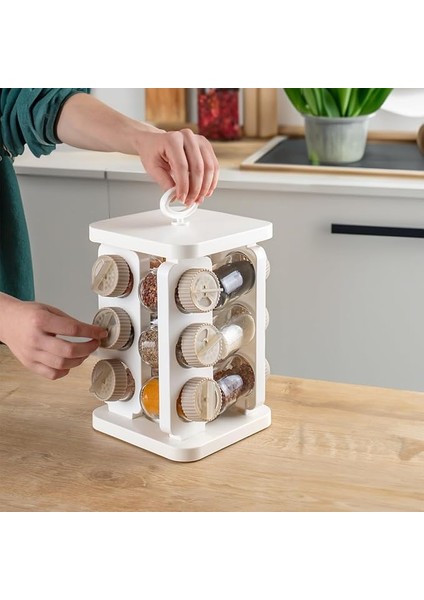 1082 Kare Prizma Döner Standlı Döner Kapaklı 12'li Cam Baharatlık-Düzenleyici Organizer-Beyaz Cappuccino