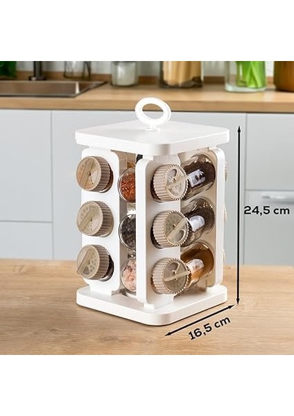 1082 Kare Prizma Döner Standlı Döner Kapaklı 12'li Cam Baharatlık-Düzenleyici Organizer-Beyaz Cappuccino modelleri