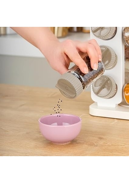 1082 Kare Prizma Döner Standlı Döner Kapaklı 12'li Cam Baharatlık-Düzenleyici Organizer-Beyaz Cappuccino fırsatları